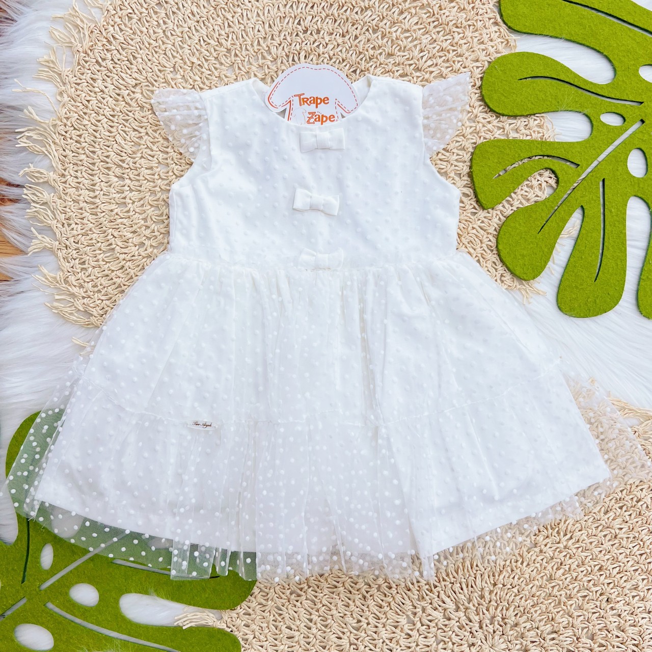 Vestido Manga Curta em Tule Poá com Lacinhos - Off White